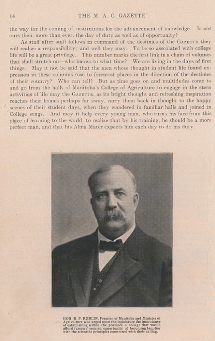 The M.A.C. Gazette, page with photo of R.P. Roblin, 1908