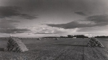 Hay bales and wide prairie sky